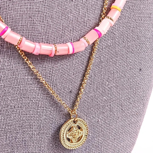 Delicate Necklace Set Pink Minimal Beachy Beaded Gold Tone Charm Coin 2 … - Picture 2 of 10